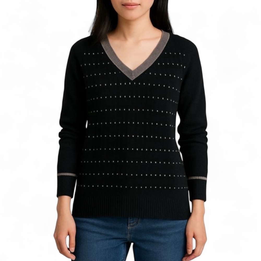 Subtle Luxury 100% Cashmere V-Neck Sweater Black Gray Ribbed Hem Size X-Small